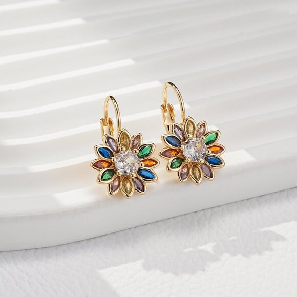 14K Gold Plated Crystal Flower Drop Leverback Earrings for Women Fashion - Picture 5 of 7